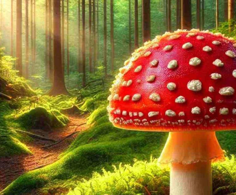 A wild mushroom resembling something from a video game, standing out brightly in the forest.