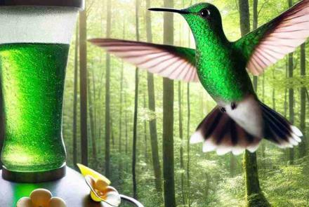 A green-winged hummingbird caught in mid-flight, sipping nectar from a bright, colorful flower.